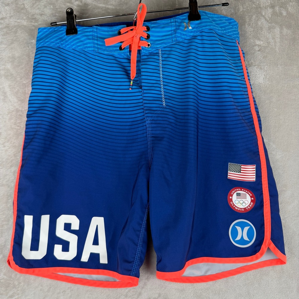 Hurley Phantom Mens USA Olympic Team Board Shorts Blue Orange Striped Size 32